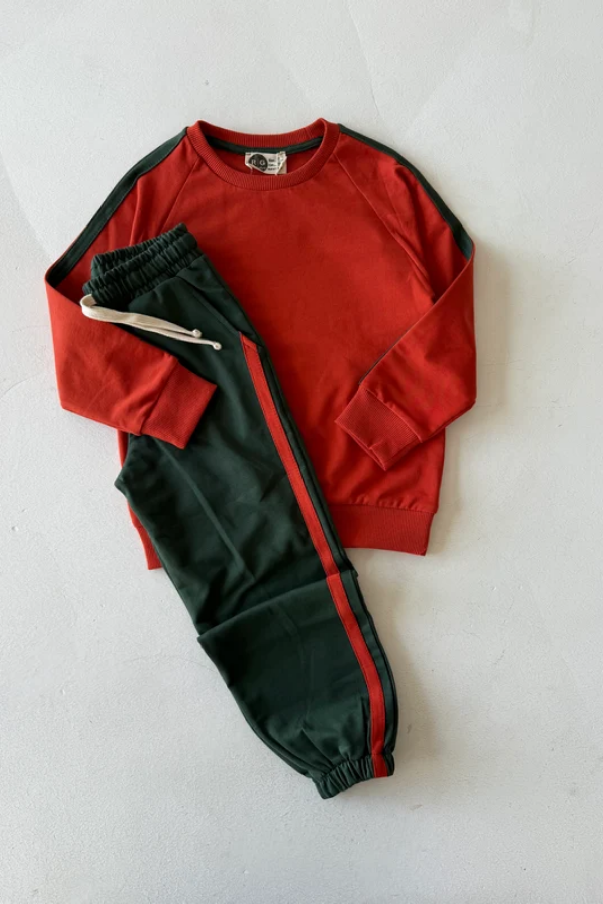 Çocuk Pamuklu Eşofman Takımı Turuncu Yeşil Şeritli Bisiklet Yaka Sweatshirt ve Jogger Pantolon