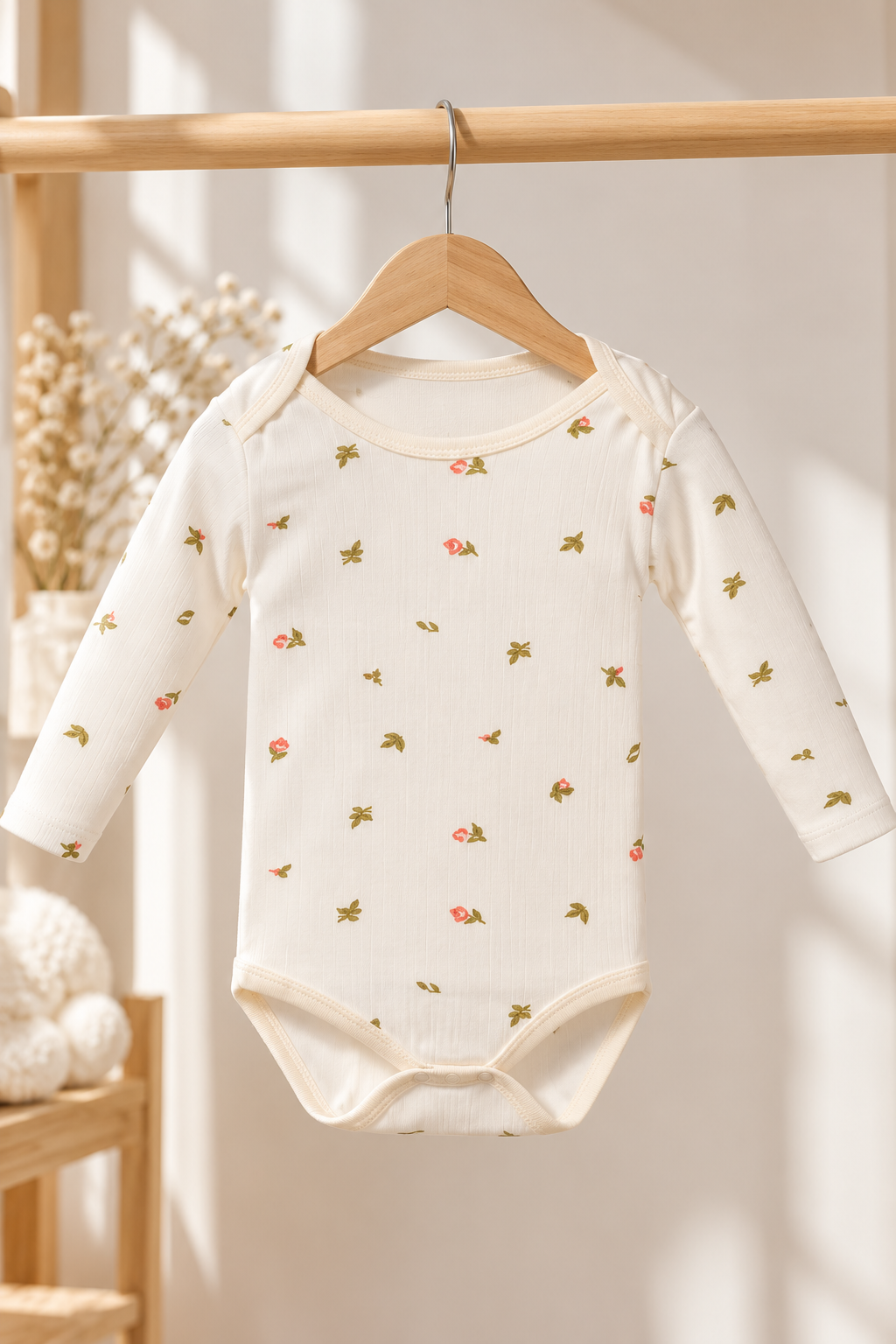 Çiçek Desenli %100 Pamuk Bebek Zıbın Body – Uzun Kollu Çıtçıtlı Bebek Badi