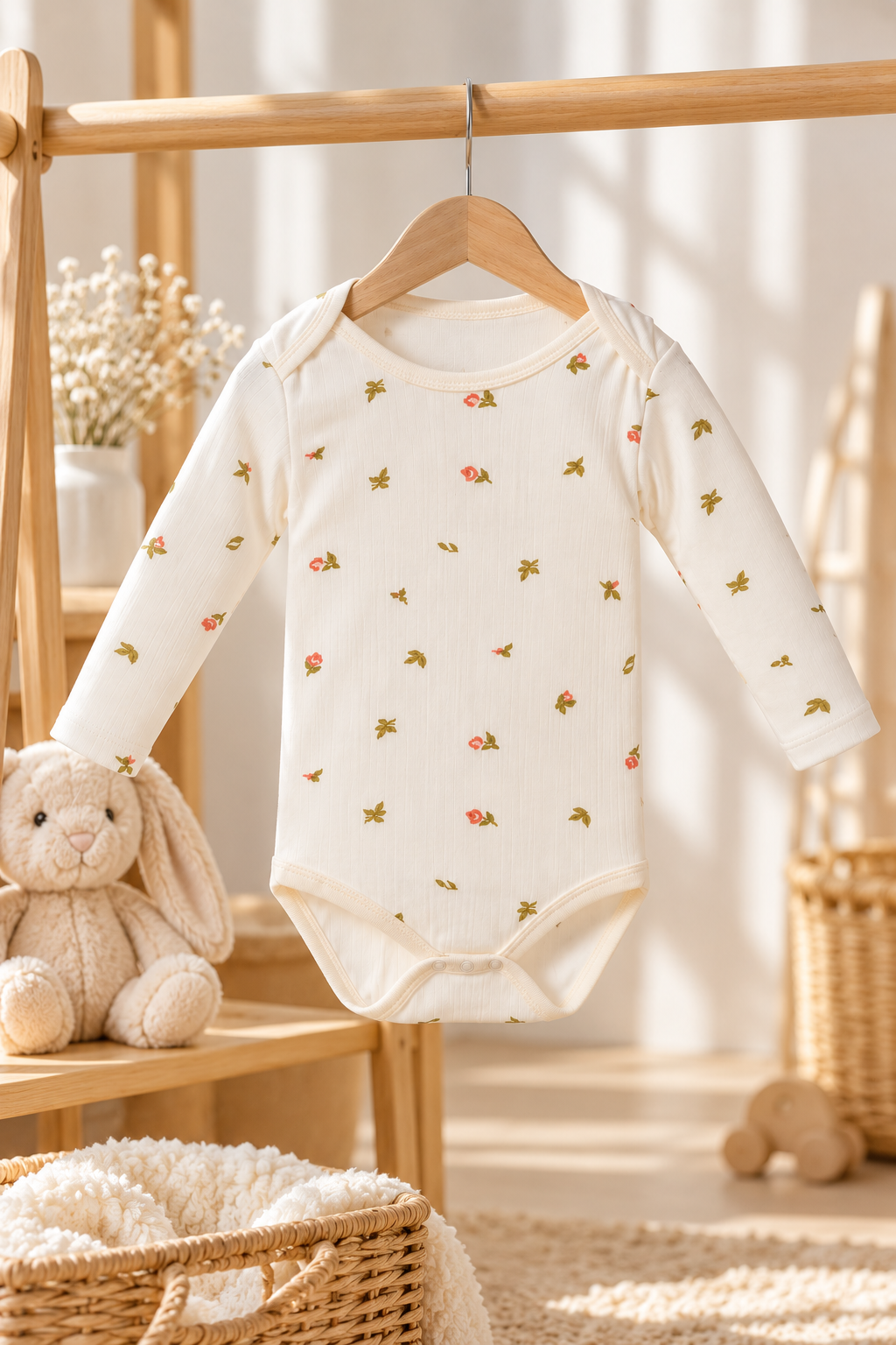Çiçek Desenli %100 Pamuk Bebek Zıbın Body – Uzun Kollu Çıtçıtlı Bebek Badi