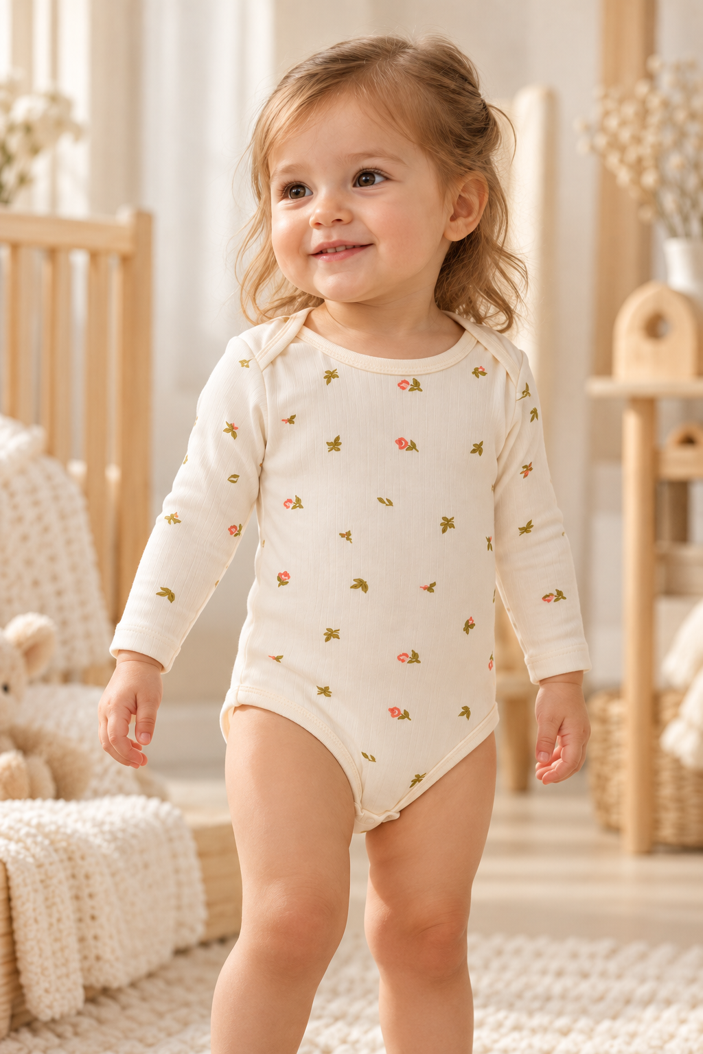 Çiçek Desenli %100 Pamuk Bebek Zıbın Body – Uzun Kollu Çıtçıtlı Bebek Badi