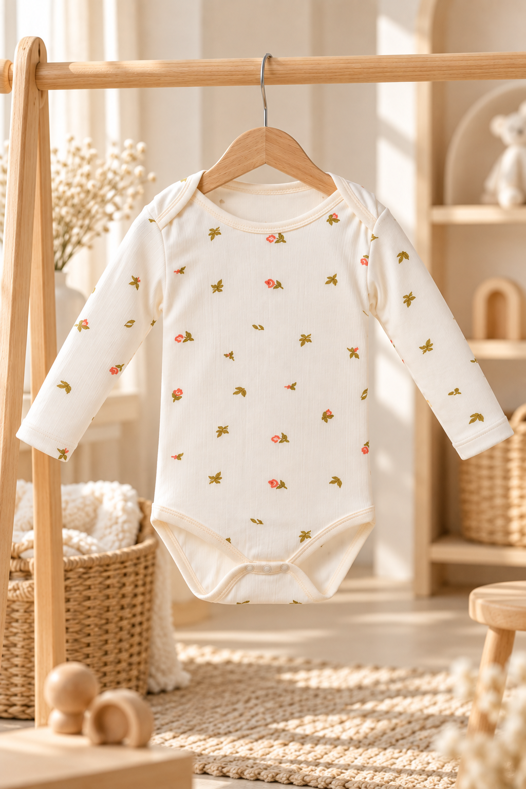 Çiçek Desenli %100 Pamuk Bebek Zıbın Body – Uzun Kollu Çıtçıtlı Bebek Badi