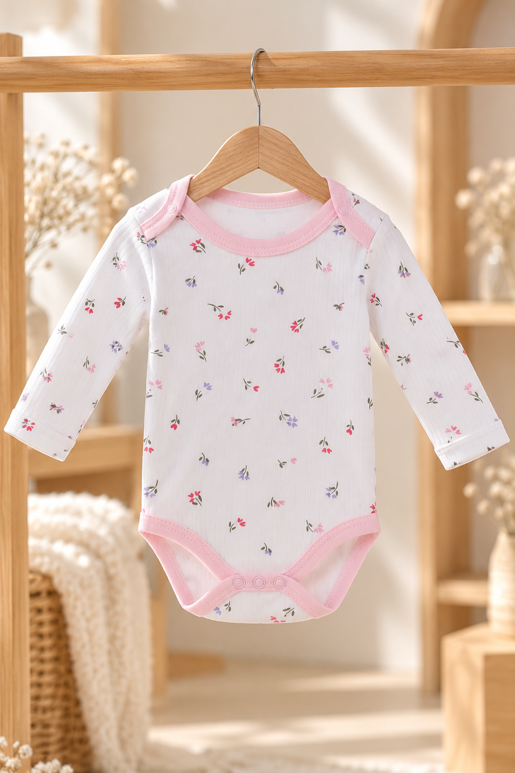 Çiçek Desenli %100 Pamuklu Kız Bebek Zıbın – Uzun Kollu Çıtçıtlı Body