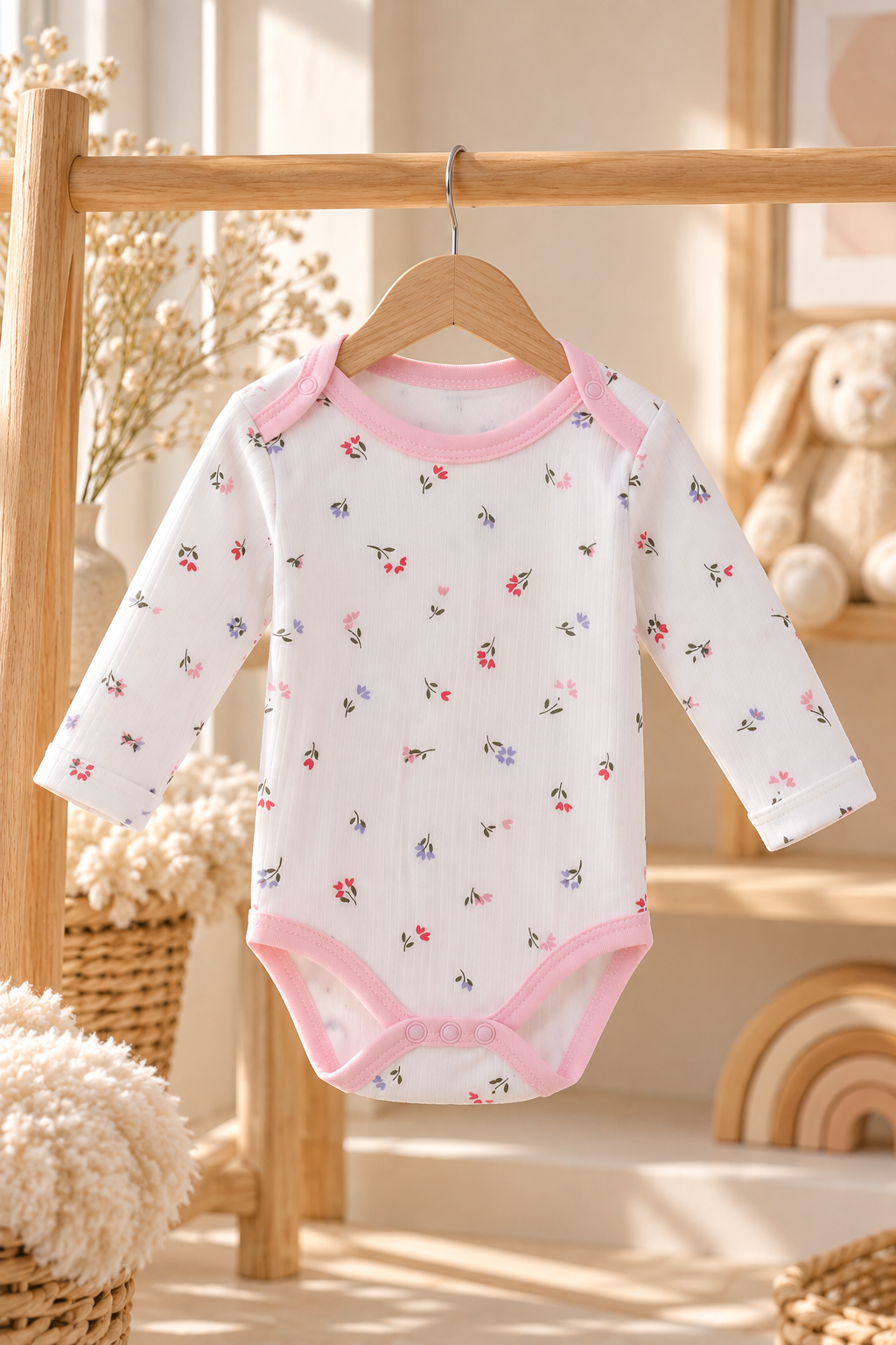 Çiçek Desenli %100 Pamuklu Kız Bebek Zıbın – Uzun Kollu Çıtçıtlı Body