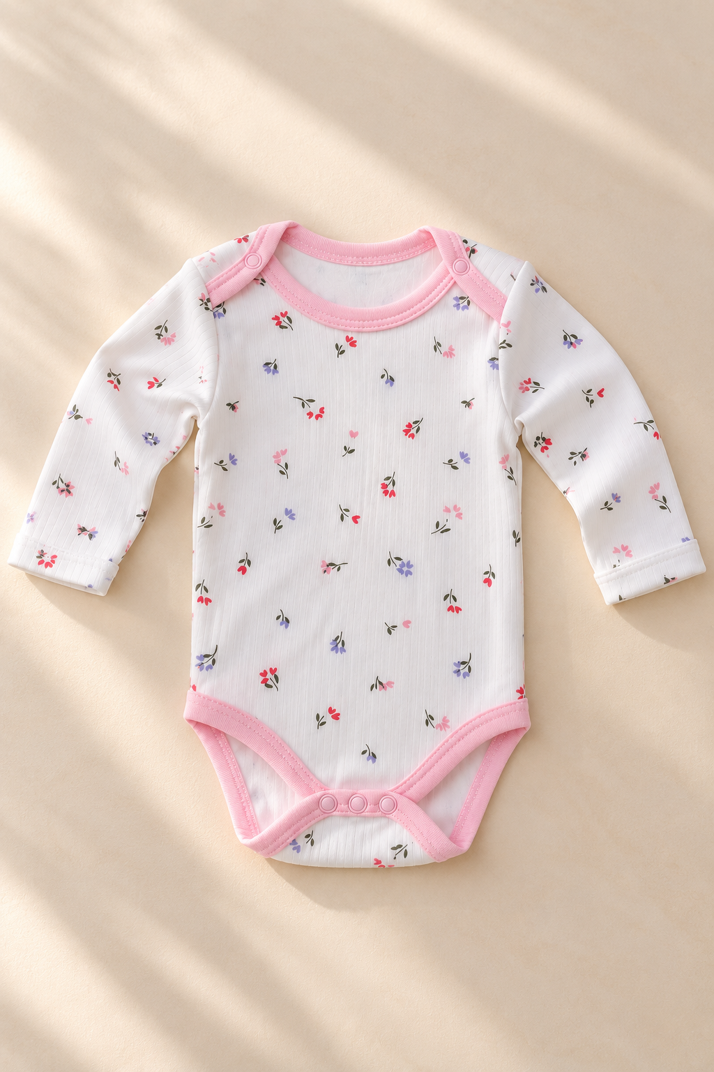 Çiçek Desenli %100 Pamuklu Kız Bebek Zıbın – Uzun Kollu Çıtçıtlı Body