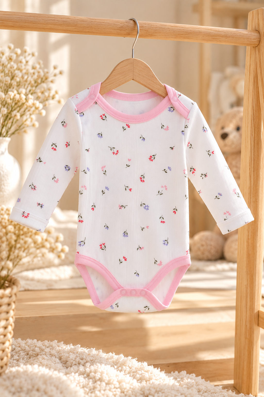 Çiçek Desenli %100 Pamuklu Kız Bebek Zıbın – Uzun Kollu Çıtçıtlı Body