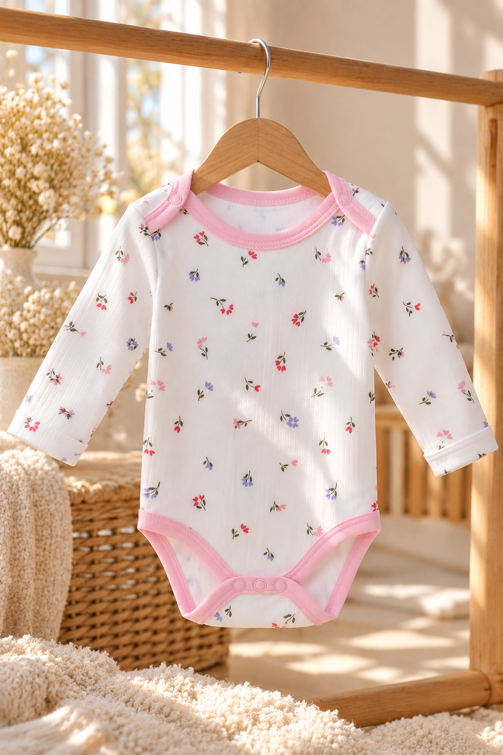 Çiçek Desenli %100 Pamuklu Kız Bebek Zıbın – Uzun Kollu Çıtçıtlı Body