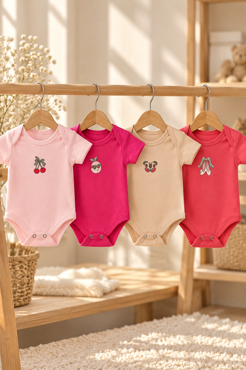 Kız Bebek 4'li Zıbın Seti – %100 Pamuklu Desenli Çıtçıtlı Bebek Body