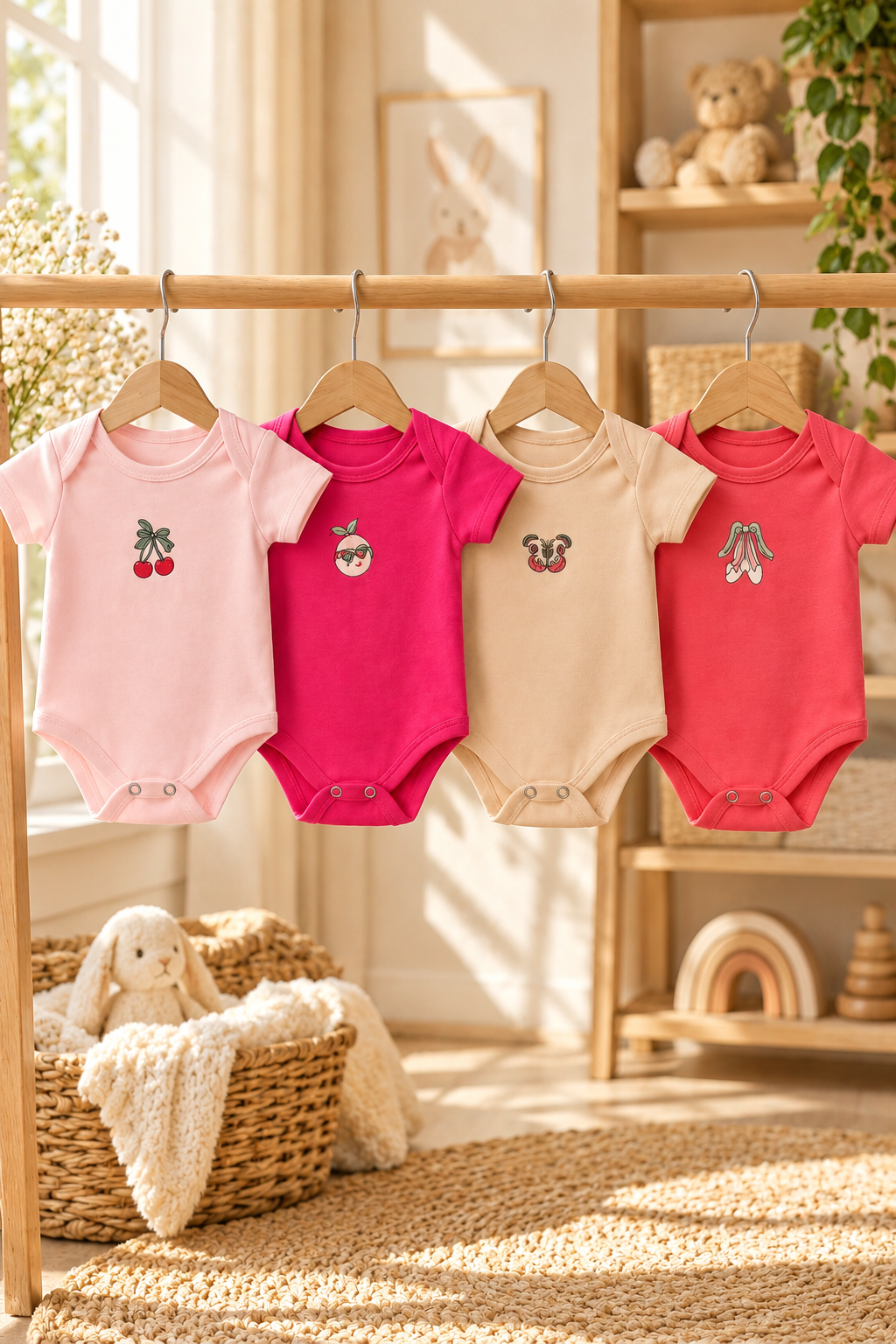 Kız Bebek 4'li Zıbın Seti – %100 Pamuklu Desenli Çıtçıtlı Bebek Body