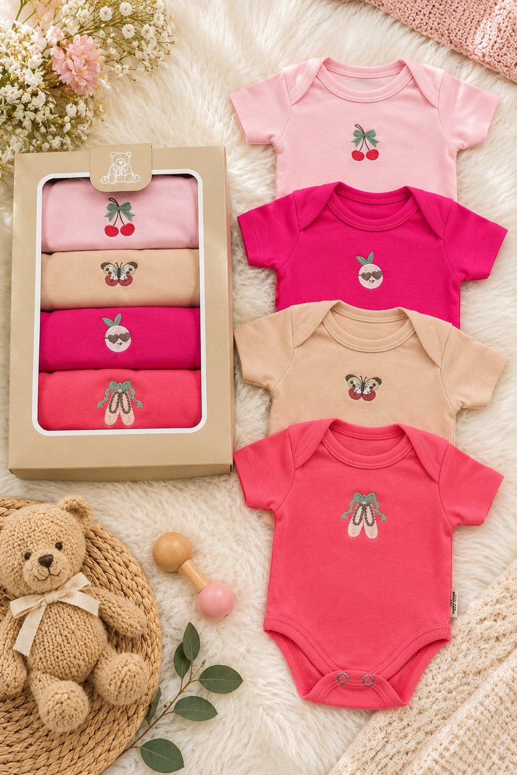 Kız Bebek 4'li Zıbın Seti – %100 Pamuklu Desenli Çıtçıtlı Bebek Body