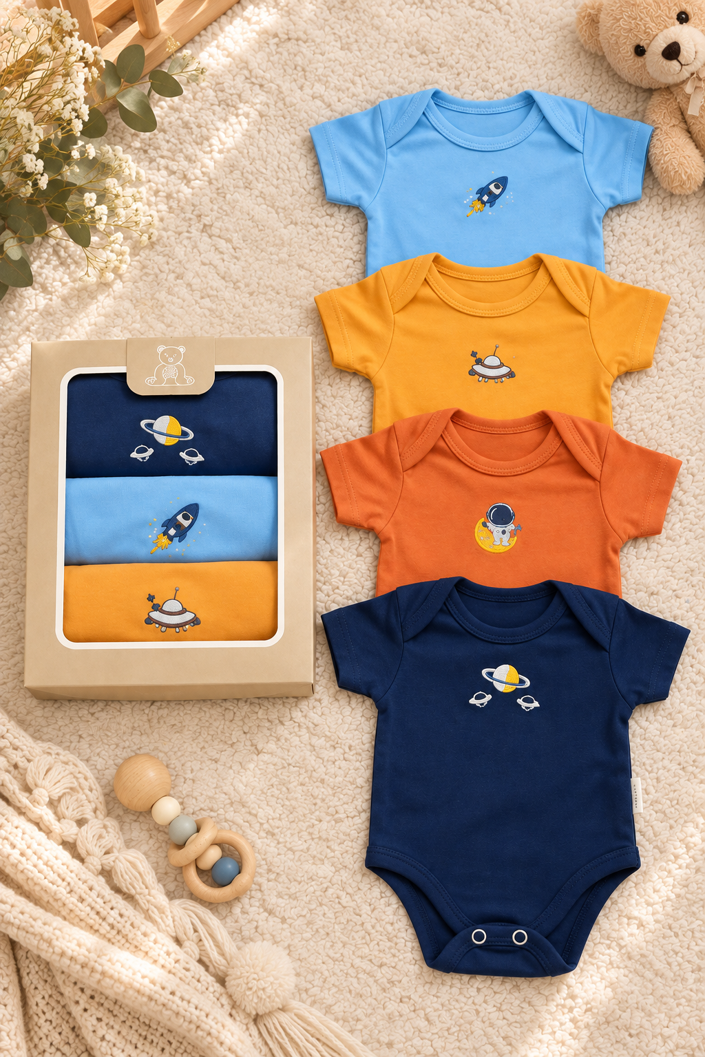 Erkek Bebek 4'lü Zıbın Seti – %100 Pamuklu Uzay Desenli Çıtçıtlı Bebek Body