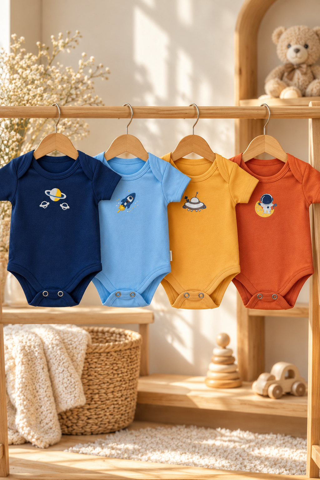 Erkek Bebek 4'lü Zıbın Seti – %100 Pamuklu Uzay Desenli Çıtçıtlı Bebek Body