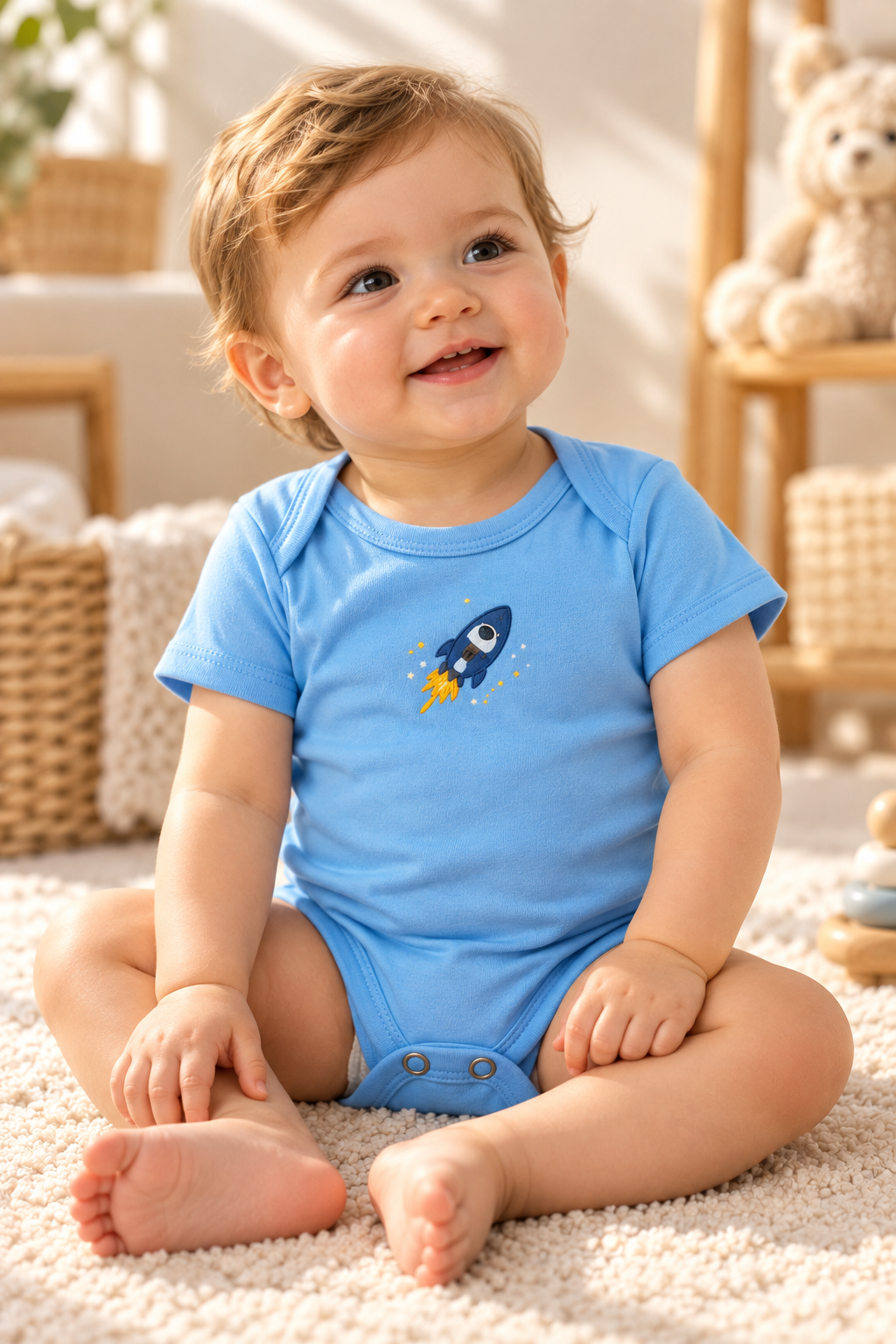 Erkek Bebek 4'lü Zıbın Seti – %100 Pamuklu Uzay Desenli Çıtçıtlı Bebek Body