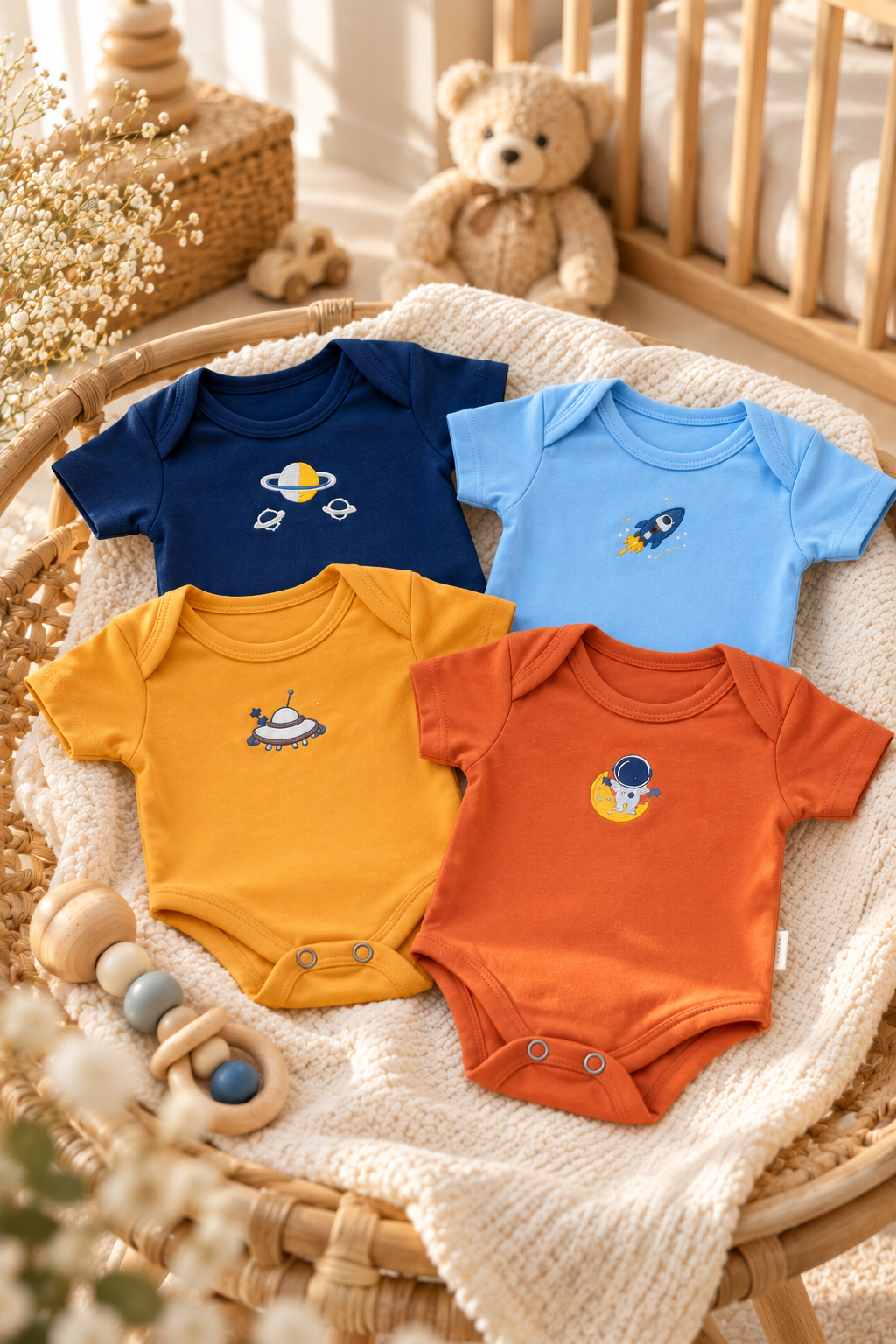 Erkek Bebek 4'lü Zıbın Seti – %100 Pamuklu Uzay Desenli Çıtçıtlı Bebek Body