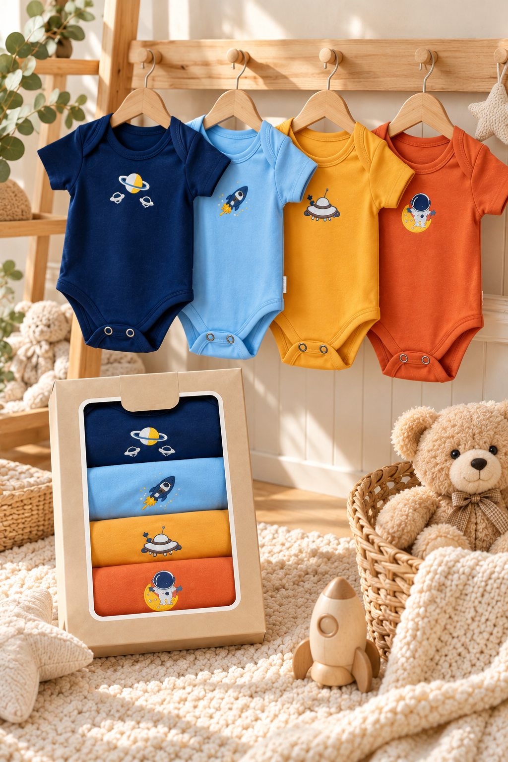 Erkek Bebek 4'lü Zıbın Seti – %100 Pamuklu Uzay Desenli Çıtçıtlı Bebek Body