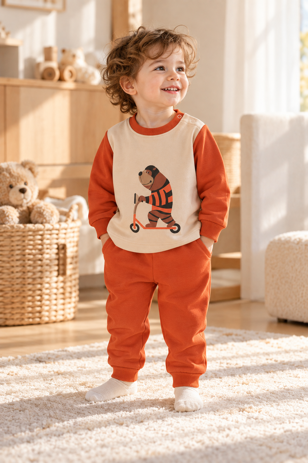 Erkek Çocuk 2'li Takım – Ayıcık Baskılı Uzun Kollu Sweatshirt ve Eşofman Altı