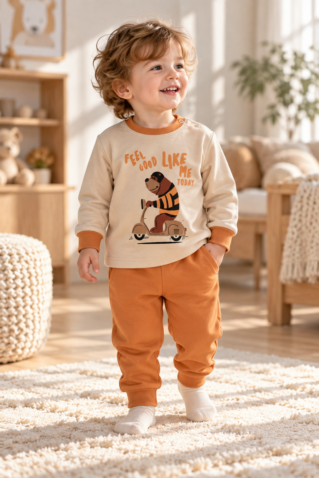 Erkek Çocuk 2'li Takım – Ayıcık Baskılı Uzun Kollu Sweatshirt ve Eşofman Altı