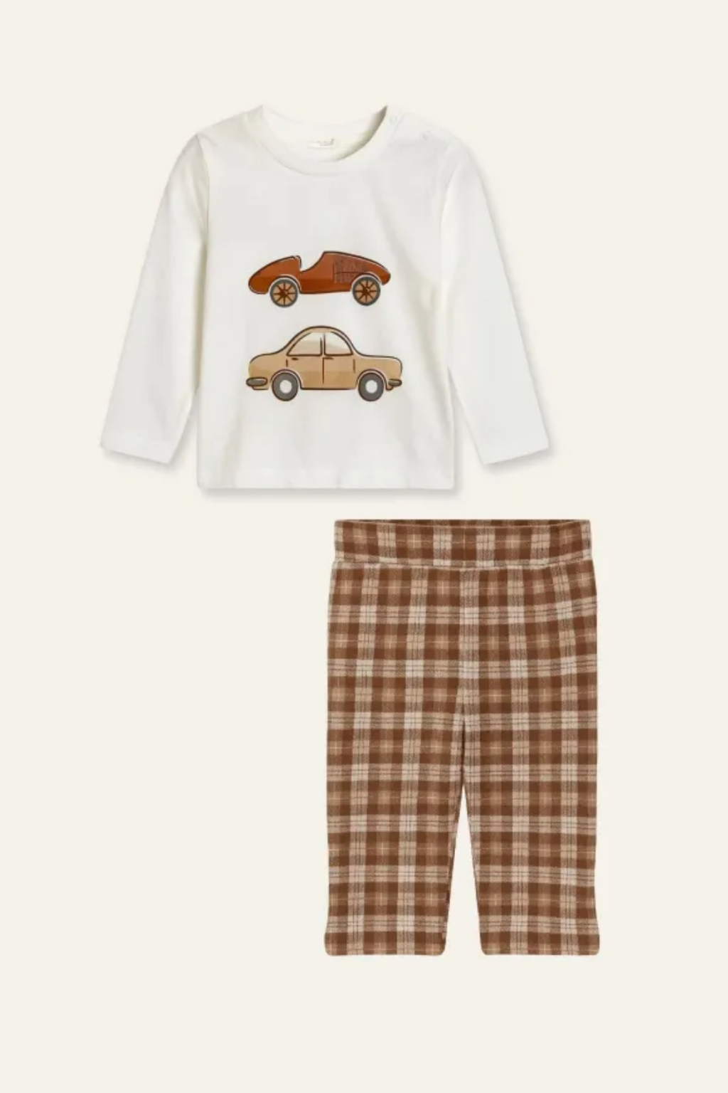 Erkek Bebek 2'li Takım – Araba Desenli Sweatshirt ve Ekose Pantolon, Bebek Giyim Seti