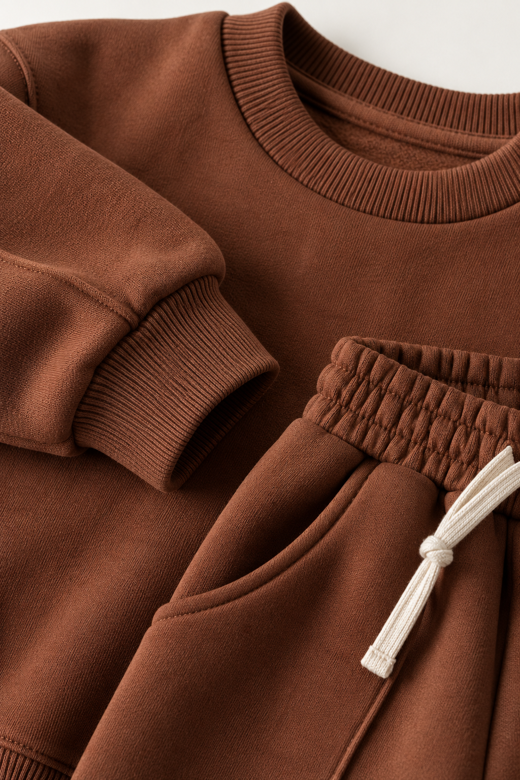 Çocuk Kahverengi Eşofman Takımı – Pamuk Karışımlı Bisiklet Yaka Sweatshirt ve Bağcıklı Jogger Pantolon