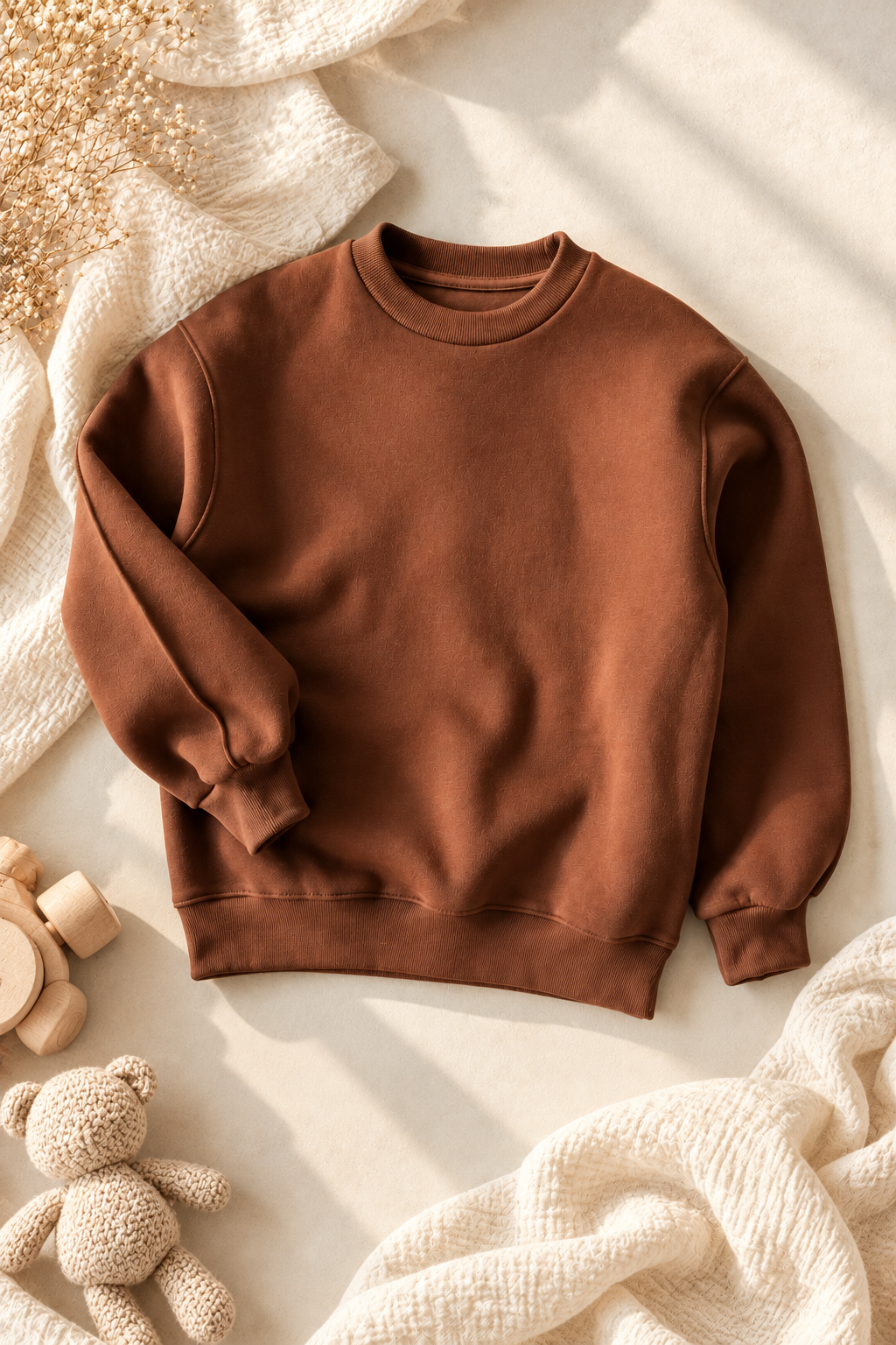 Çocuk Kahverengi Bisiklet Yaka Sweatshirt – Pamuk Karışımlı, Uzun Kollu, Ribanalı Manşet