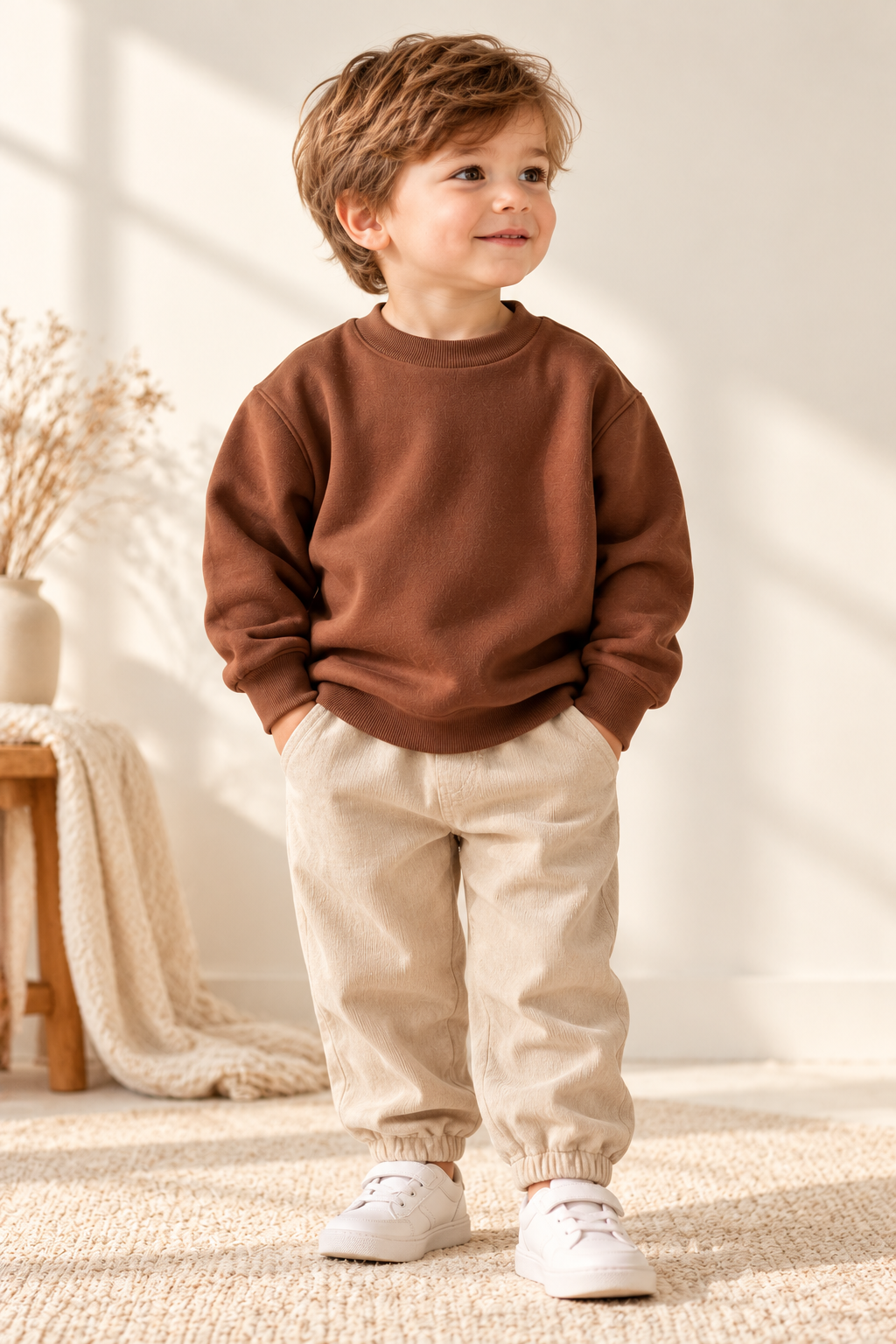 Çocuk Kahverengi Bisiklet Yaka Sweatshirt – Pamuk Karışımlı, Uzun Kollu, Ribanalı Manşet