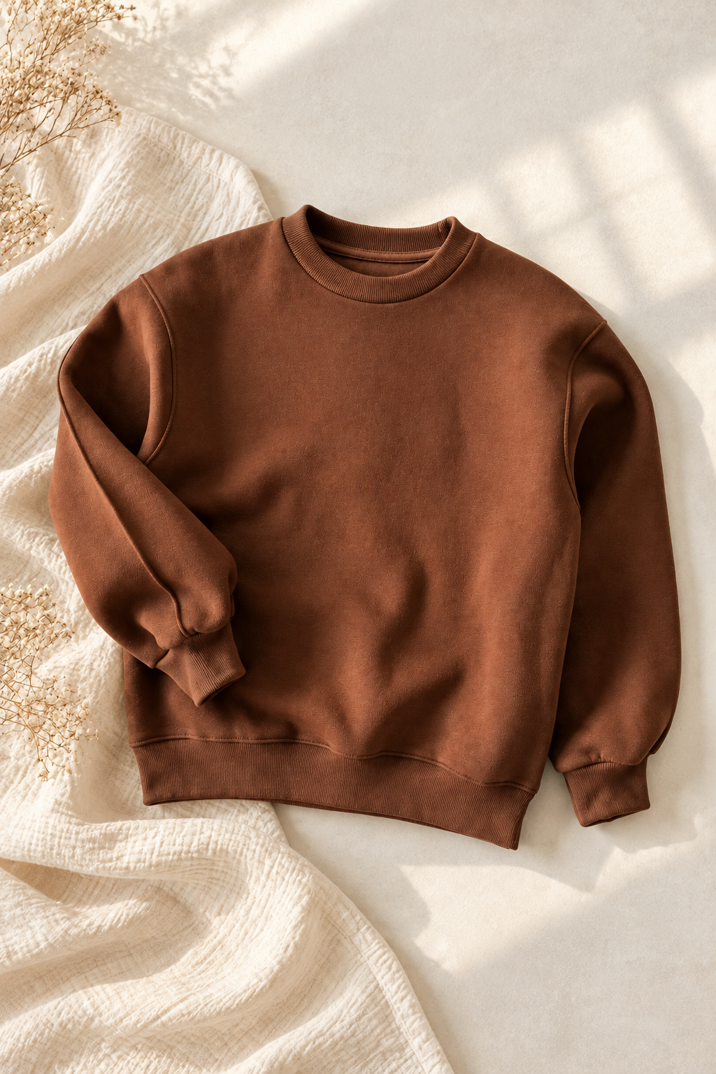 Çocuk Kahverengi Bisiklet Yaka Sweatshirt – Pamuk Karışımlı, Uzun Kollu, Ribanalı Manşet